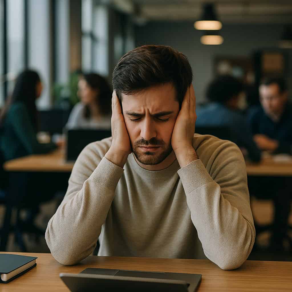 nadwrażliwość słuchowa - czym jest, przyczyny, objawy. Mężczyzna siedzi w otwartym biurze przed laptopem i zakrywa dłońmi uszy