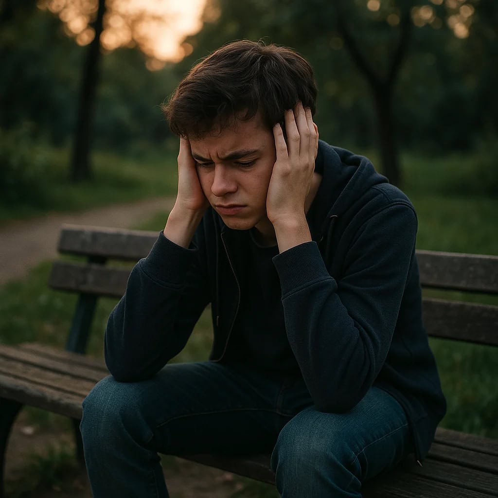 nadwrażliwość słuchowa co to - nastolatek siedzi na ławce w parku, zakrywając dłońmi uszy