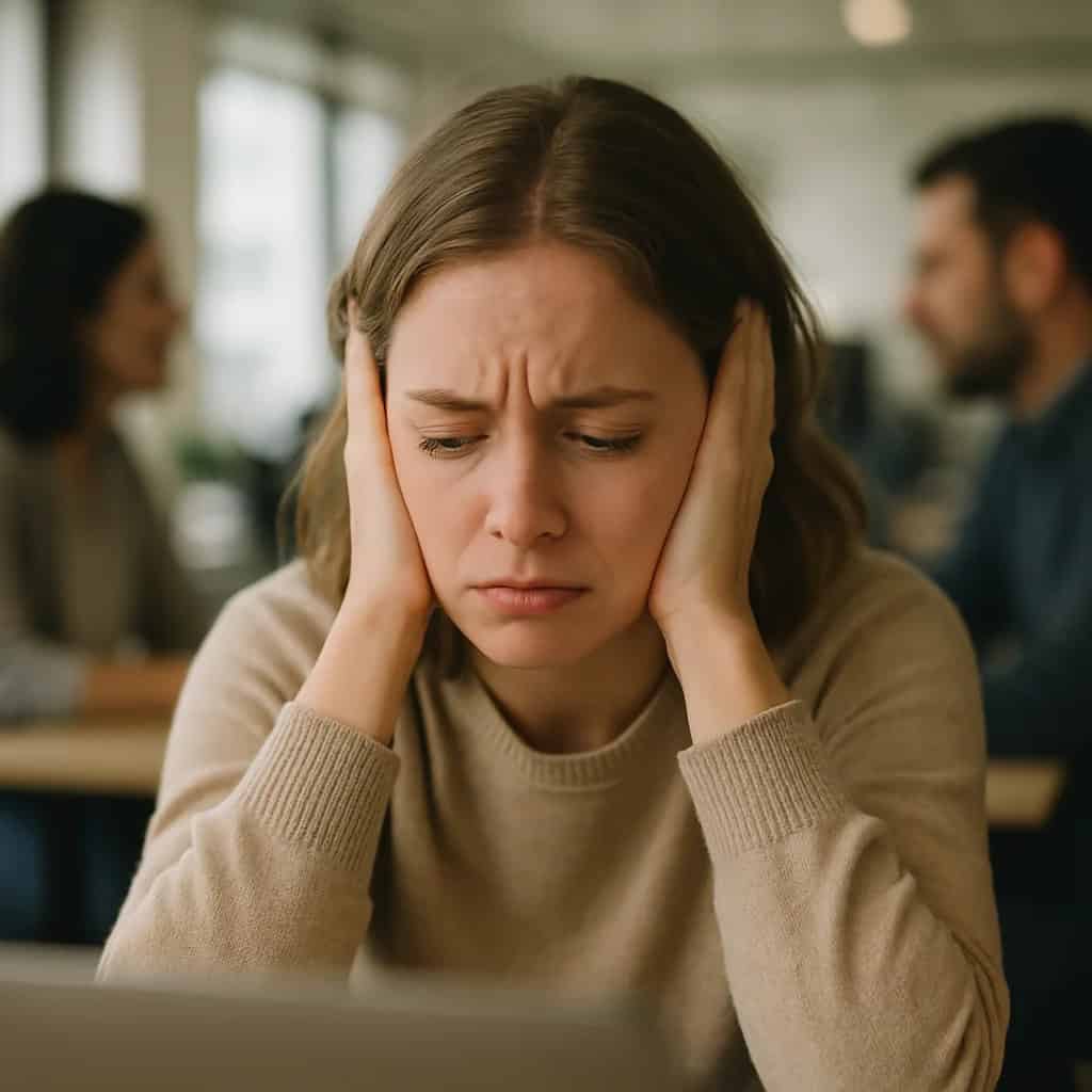 nadwrażliwość słuchowa przyczyny - kobieta siedzi w biurze przed laptopem i zakrywa dłońmi uszy