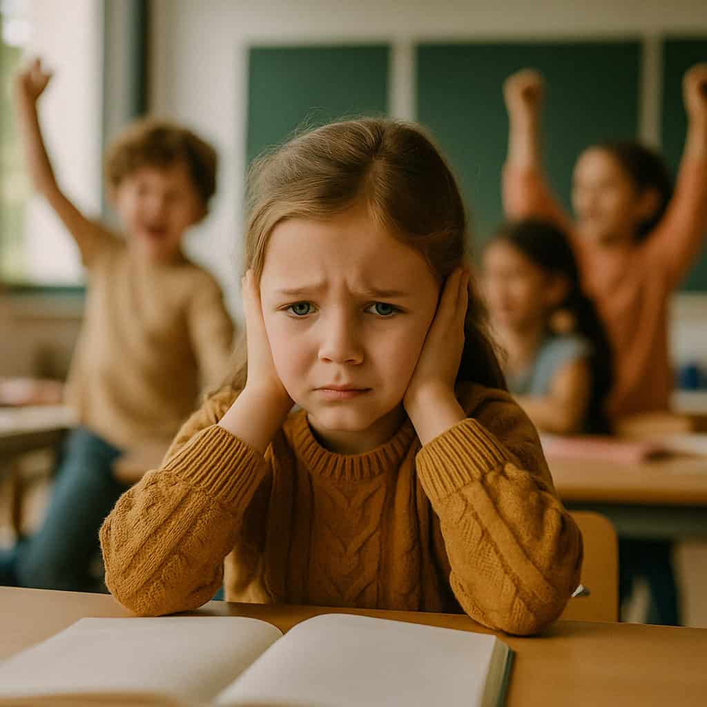 nadwrażliwość słuchowa u dzieci objawy - dziewczynka w ławce szkolnej zakrywa uszy dłońmi