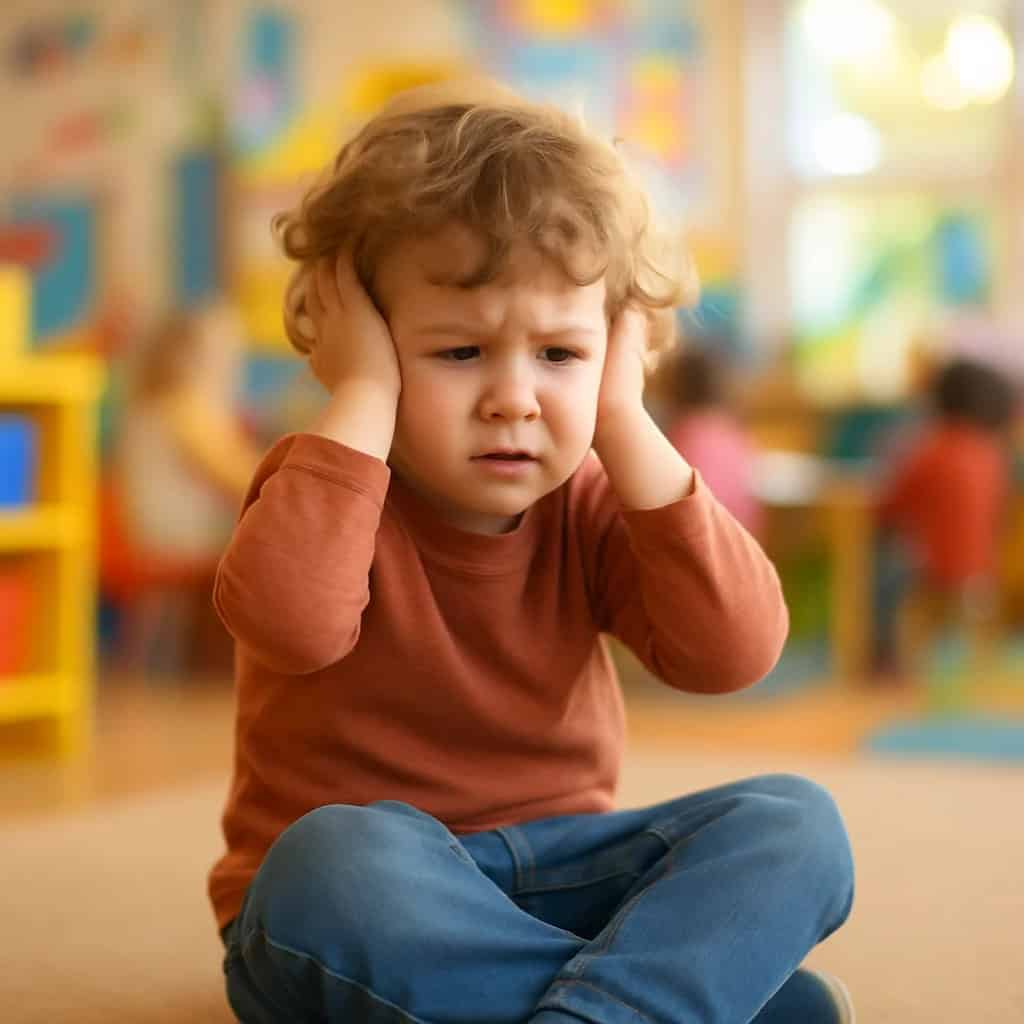 nadwrażliwość słuchowa u dzieci diagnoza - maluch w przedszkolu siedzi na podłodze, zakrywając dłońmi uszy