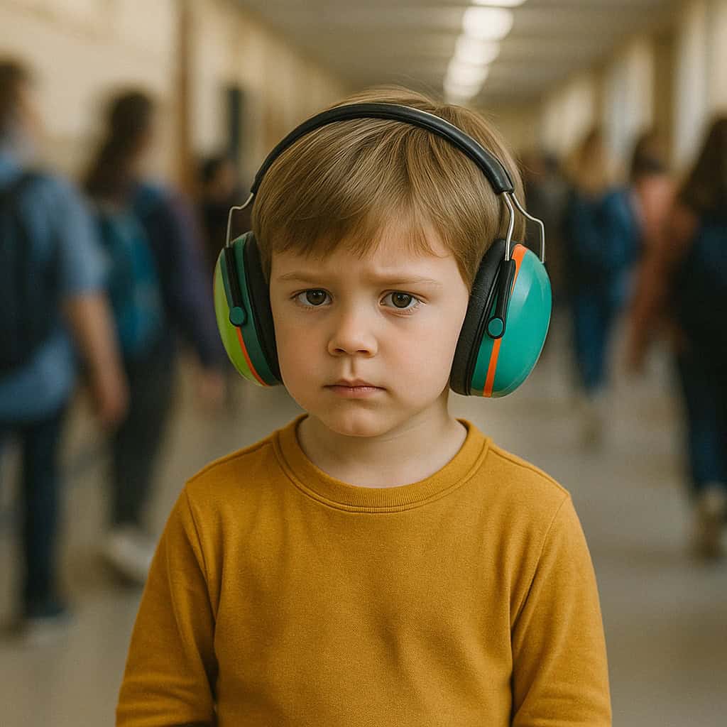 nadwrażliwość słuchowa u dzieci słuchawki na głowie dziecka podczas przerwy na holu