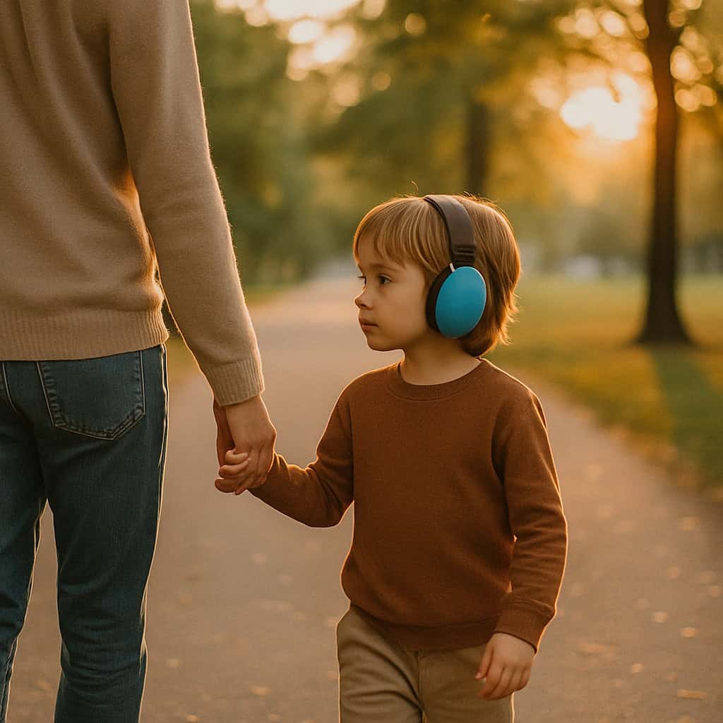 nadwrażliwość słuchowa u dzieci terapia chłopiec w słuchawkach spacerue z mamą po parku