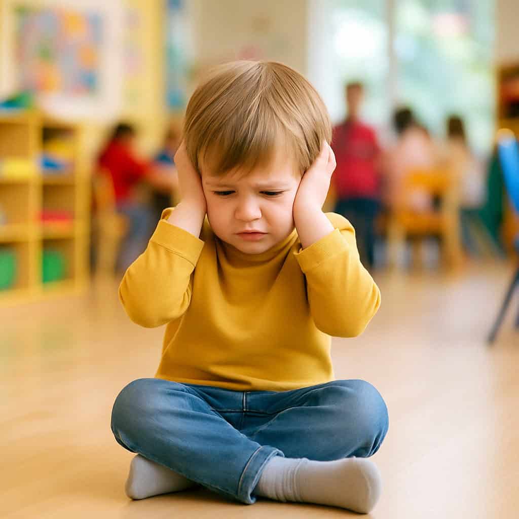 nadwrażliwość słuchowa u dzieci - maluch siedzi na podłodze zakrywając uszy dłońmi