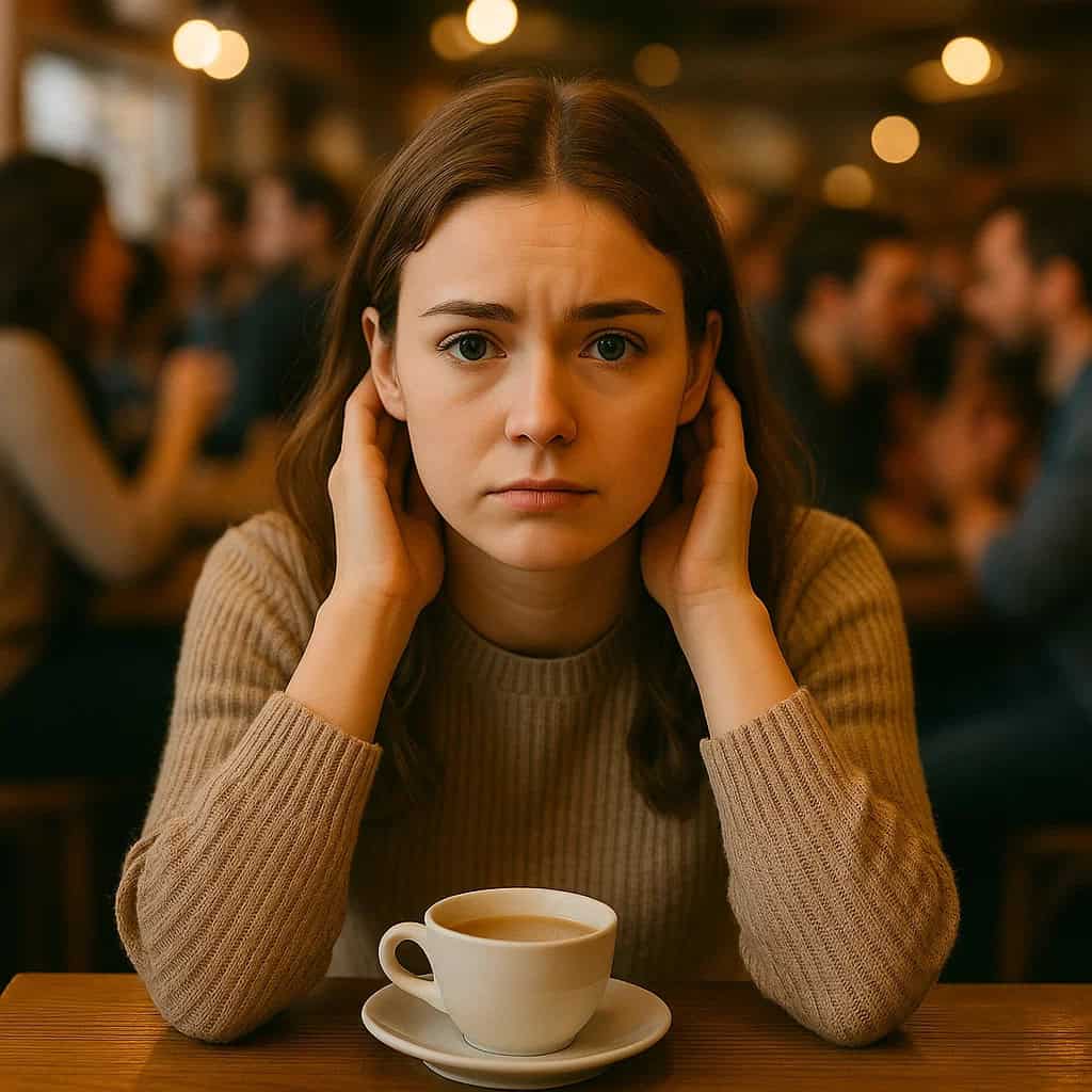 nadwrażliwość słuchowa w nerwicy - kobieta przytłoczona hałasem siedzi przy stoliku w kawiarni nad kawą, w tle widać tłum ludzi