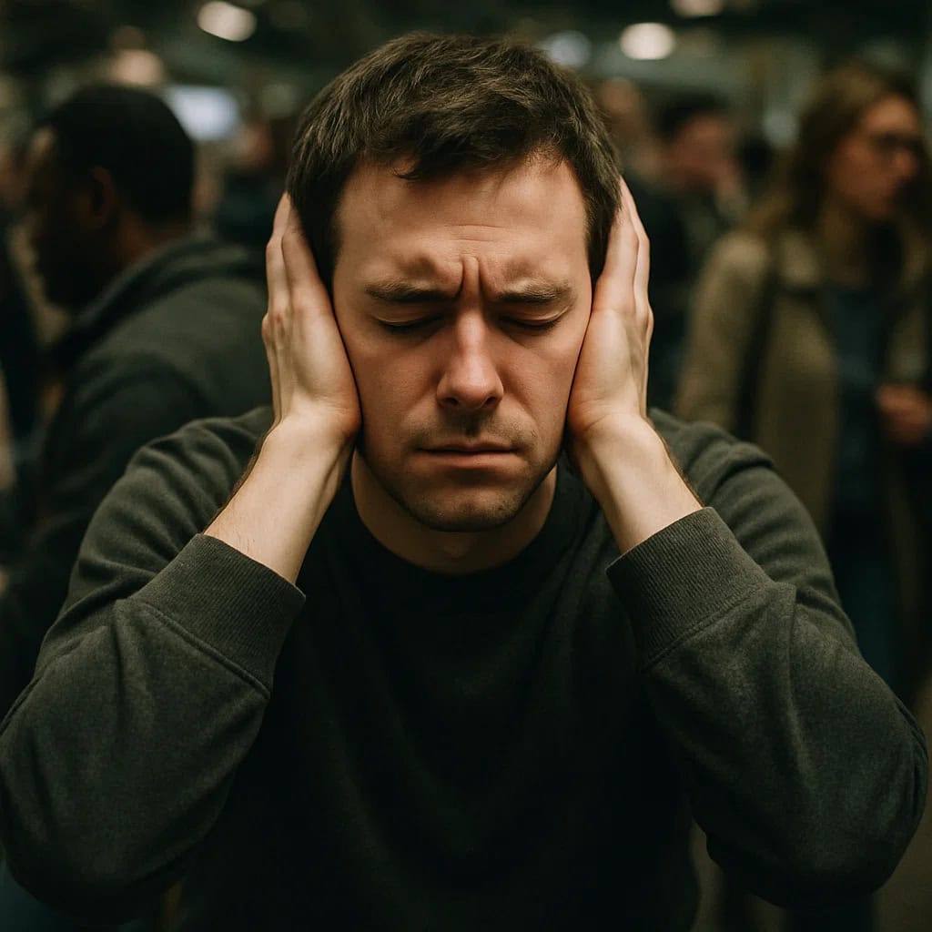 nadwrażliwością słuchową i autyzm - roznice - mężczyzna stoi na zatłoczonym dworcu, zakrywając uszy dłońmi