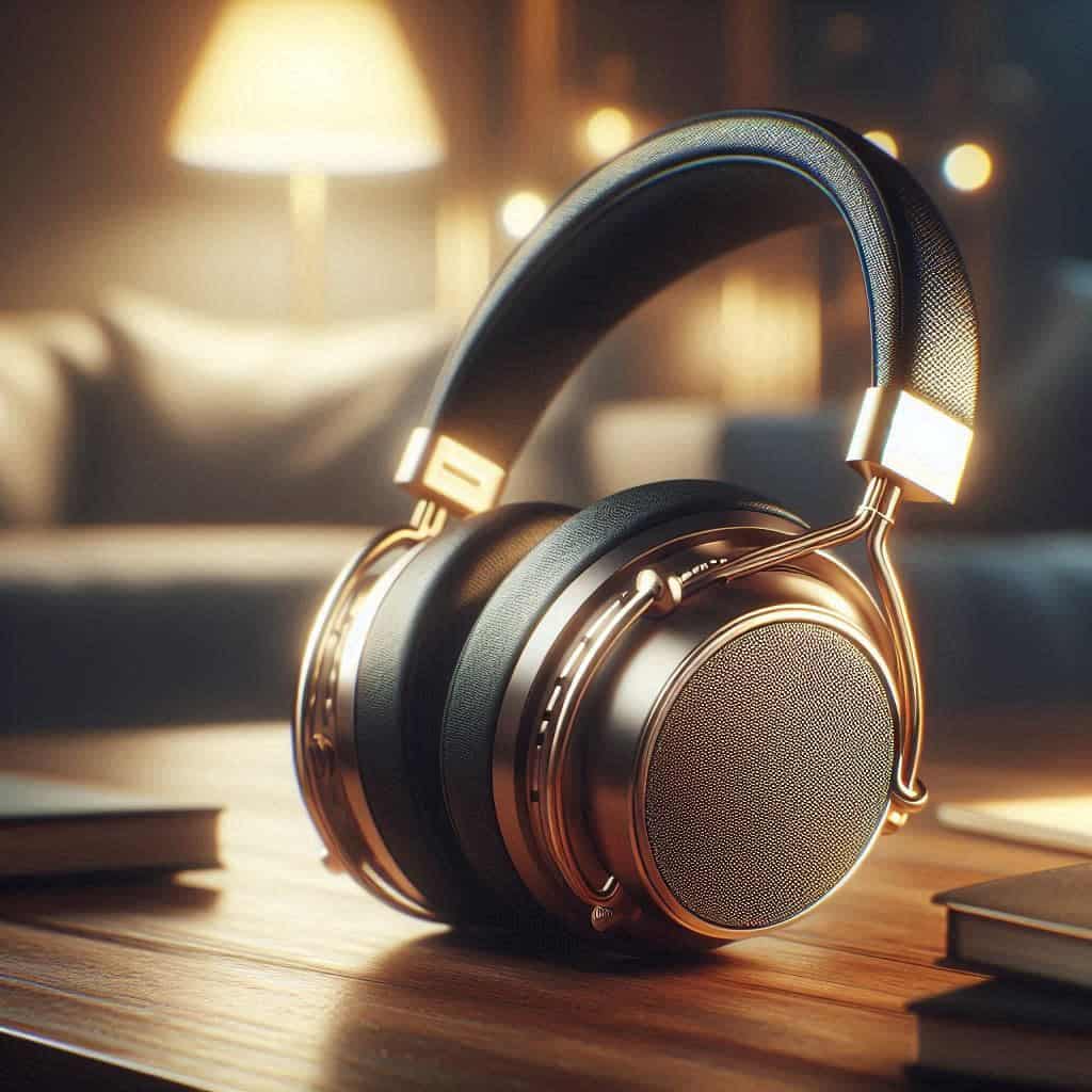 najdroższe słuchawki bezprzewodowe - złoty model leży na biurku