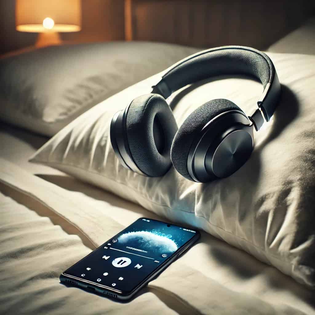 najlepsza muzyka do spania dla dorosłych - słuchawki i telefon leżą na łóżku