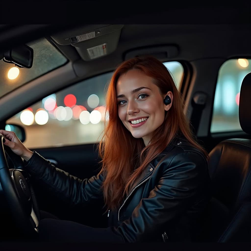 najlepsza słuchawka Bluetooth dla kierowcy na uszach kobiety prowadzącej nowoczesny samochód