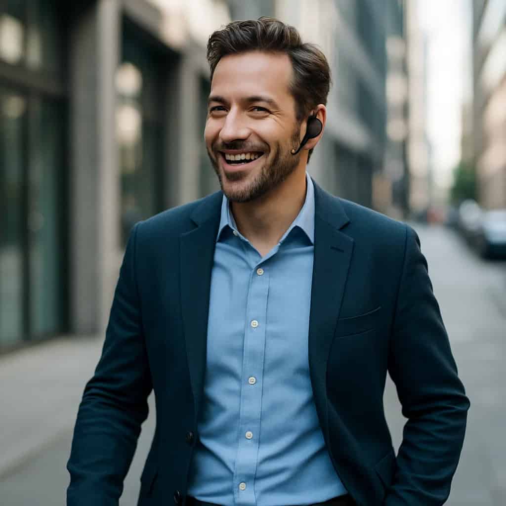 najlepsza słuchawka Bluetooth do rozmów - mężczyzna idący ulicą w centrum miasta, rozmawiający przez model bezprzewodowy