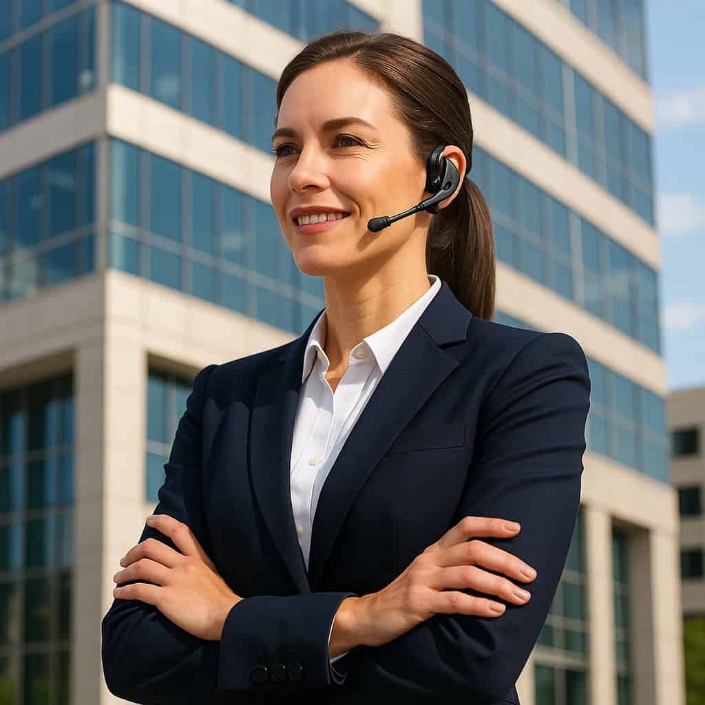 najlepsza słuchawka bluetooth - Bizneswomen w garniturze stojąca przed biurowcem, rozmawiająca przez model bezprzewodowy z mikrofonem