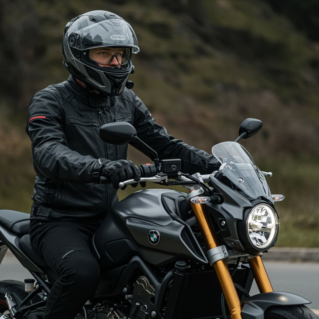 najlepsze interkomy motocyklowe - przykładowy model na głowie mężczyzny w trasie