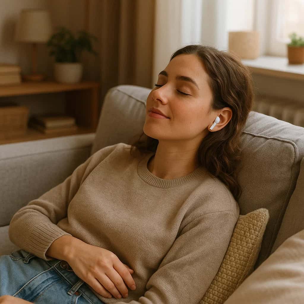 najlepsze małe słuchawki - kobieta leżąca na kanapie i odpoczywająca przy muzyce.