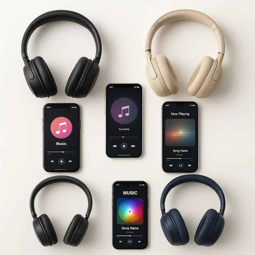najlepsze muzyczne serwisy streamingowe - różne słuchawki bezprzewodowe i smartfony z otwartymi aplikacjami streamingowymi na jasnym tle.