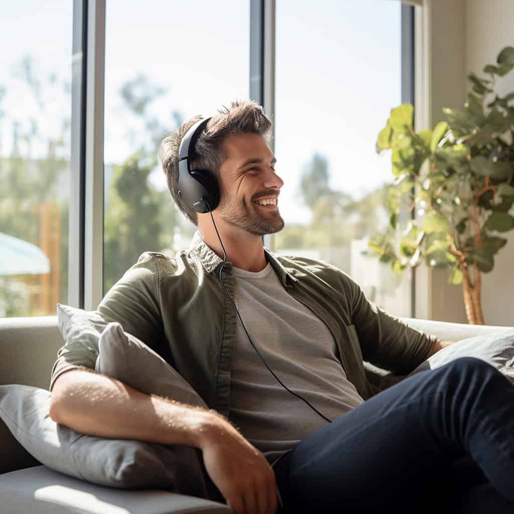 najlepsze słuchawki na rynku ranking - mężczyzna wypoczywający na sofie w przykładowym modelu