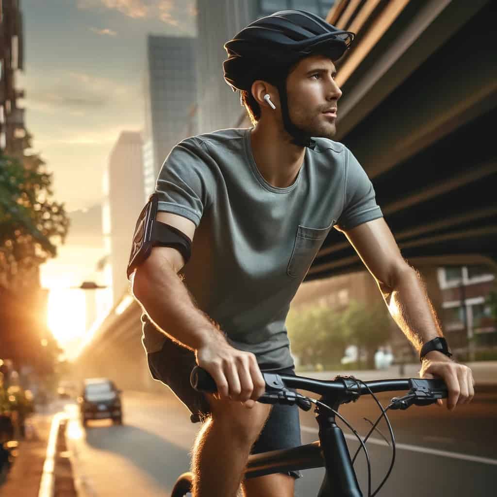 najlepsze słuchawki na rower ranking - przykładowy model w uszach mężczyzny w kasku