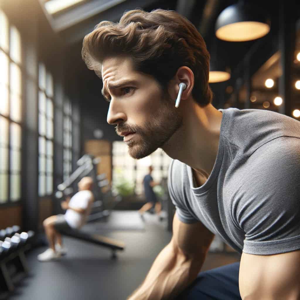 najlepsze słuchawki na siłownię ranking - przykładowy model dokanałowy w uszach ćwiczącego mężczyzny