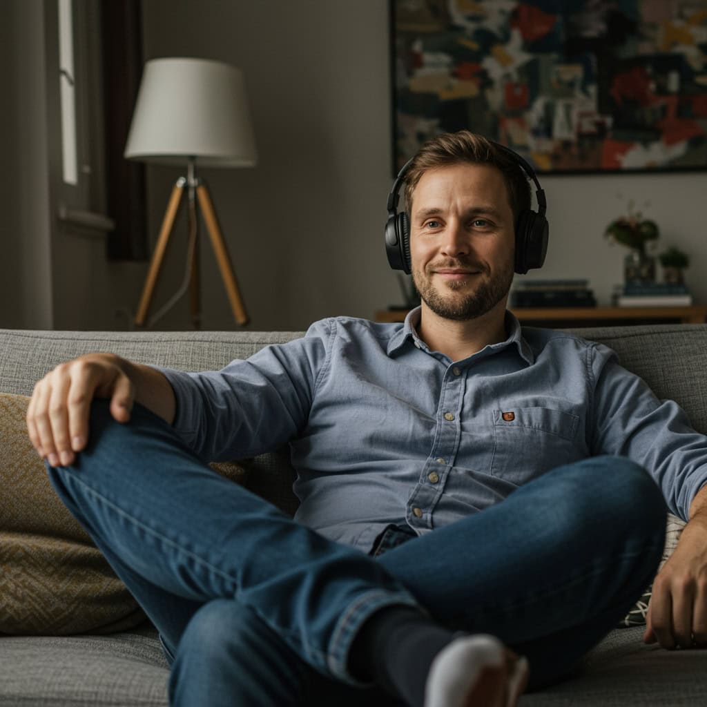 najlepsze słuchawki nauszne do 400 zł - mężczyzna słucha muzyki, siedząc na sofie