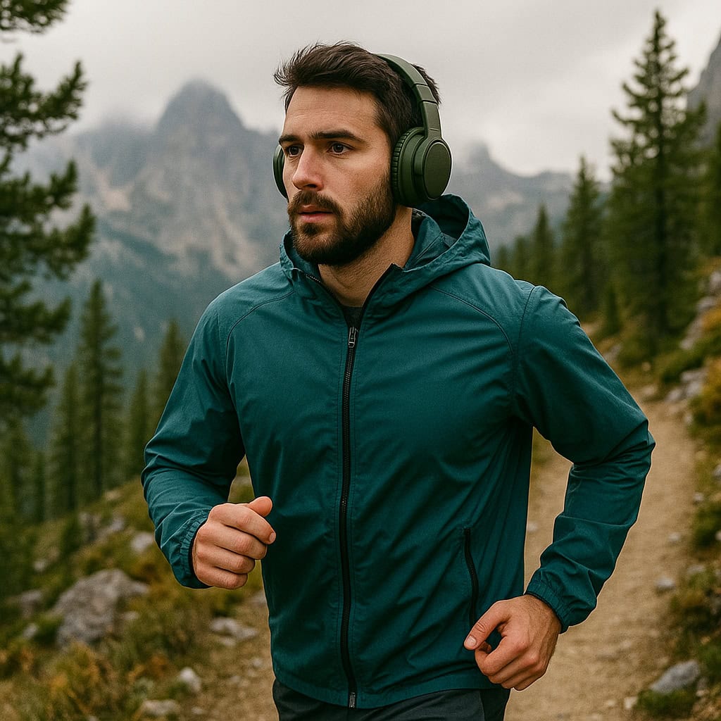 najlepsze słuchawki nauszne do biegania na uszach mężczyzny biegnącego górską ścieżką