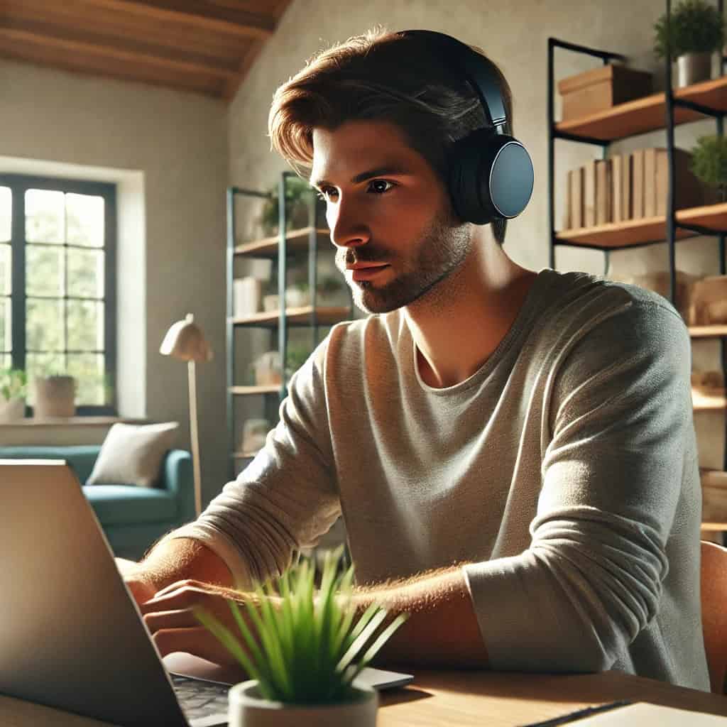 najlepsze słuchawki nauszne do komputera na głowie mężczyzny pracującego na pc