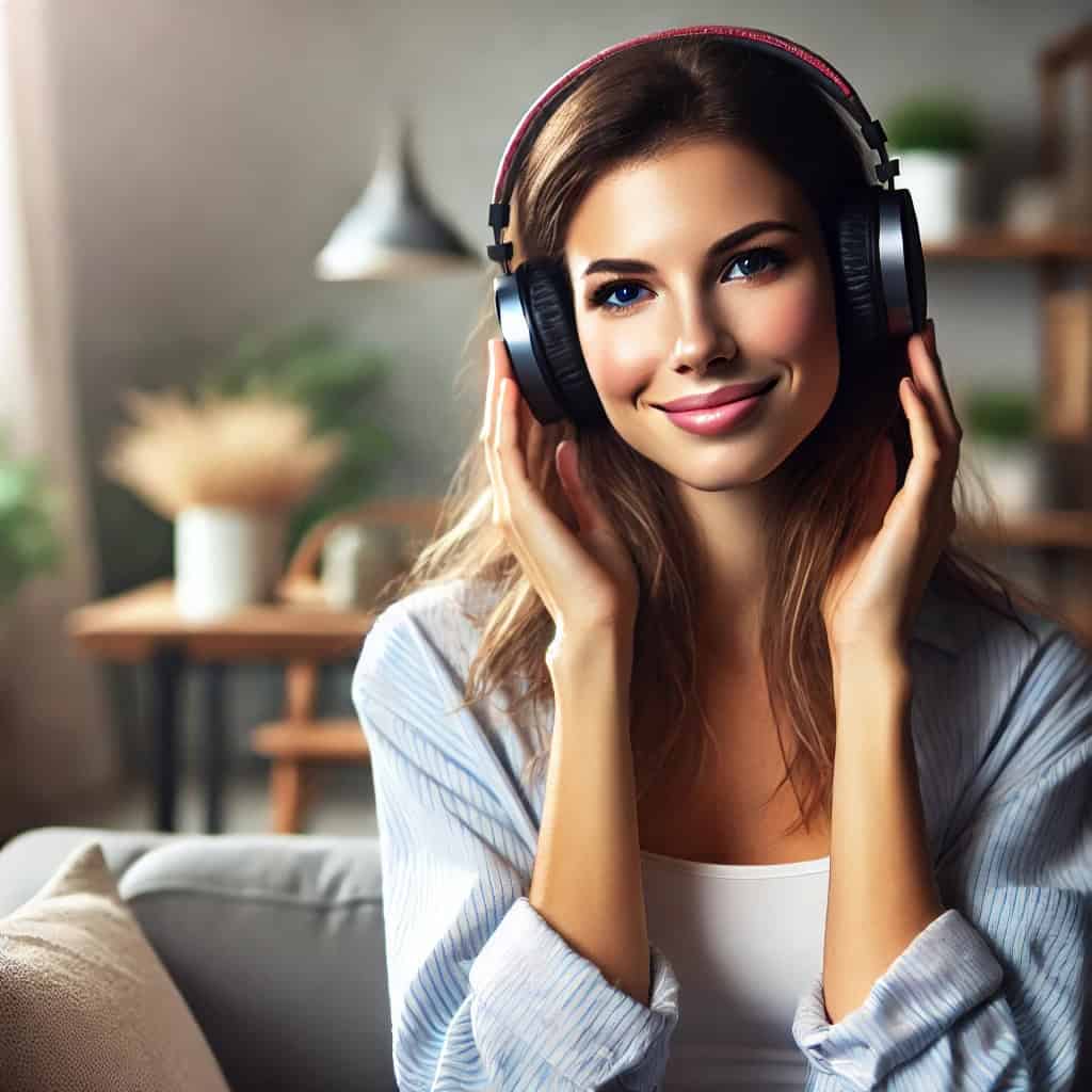 najlepsze słuchawki nauszne do muzyki - przykładowy model na głowie uśmiechniętej kobiety