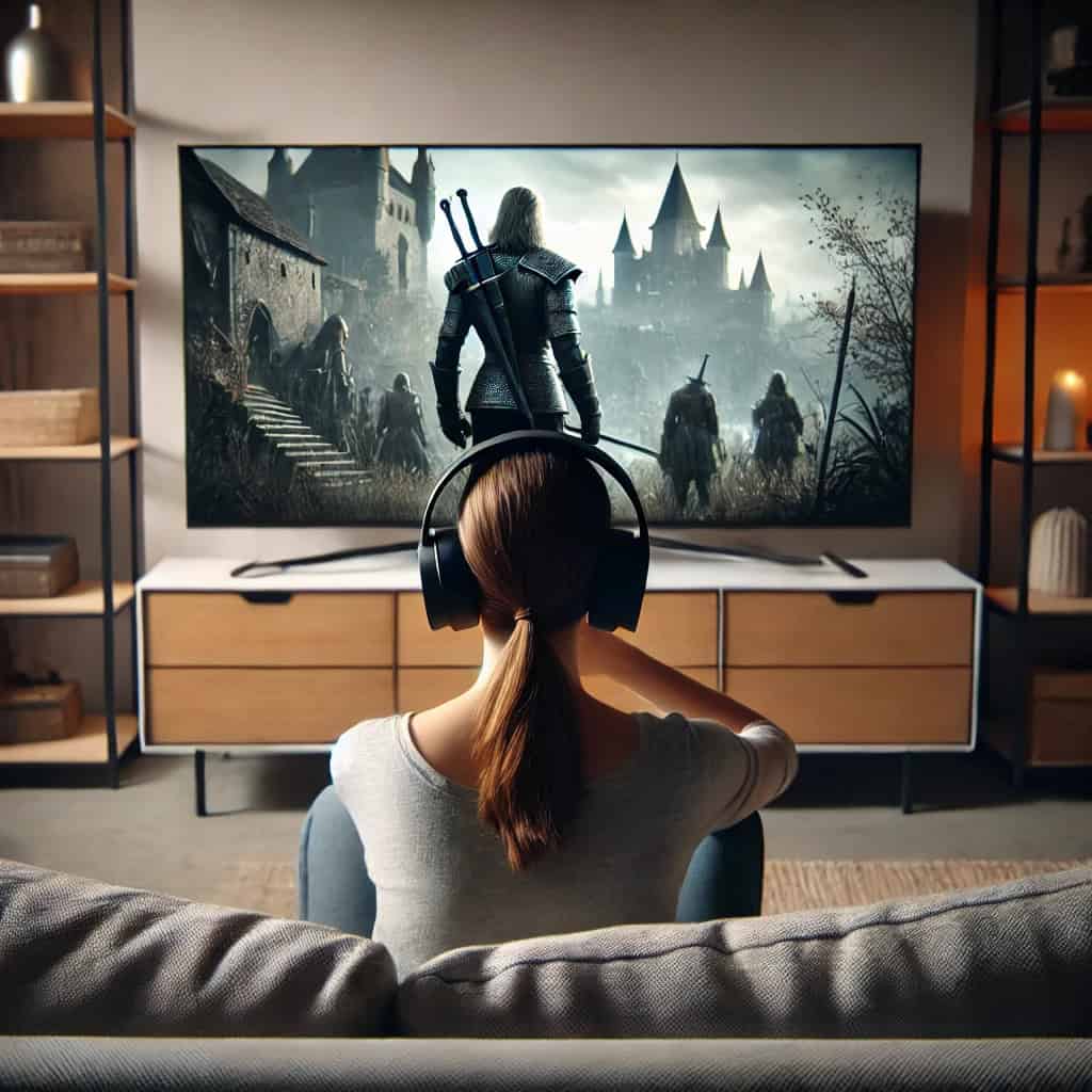 najlepsze słuchawki nauszne do telewizora na głowie kobiety oglądającej na sofie film fantasy