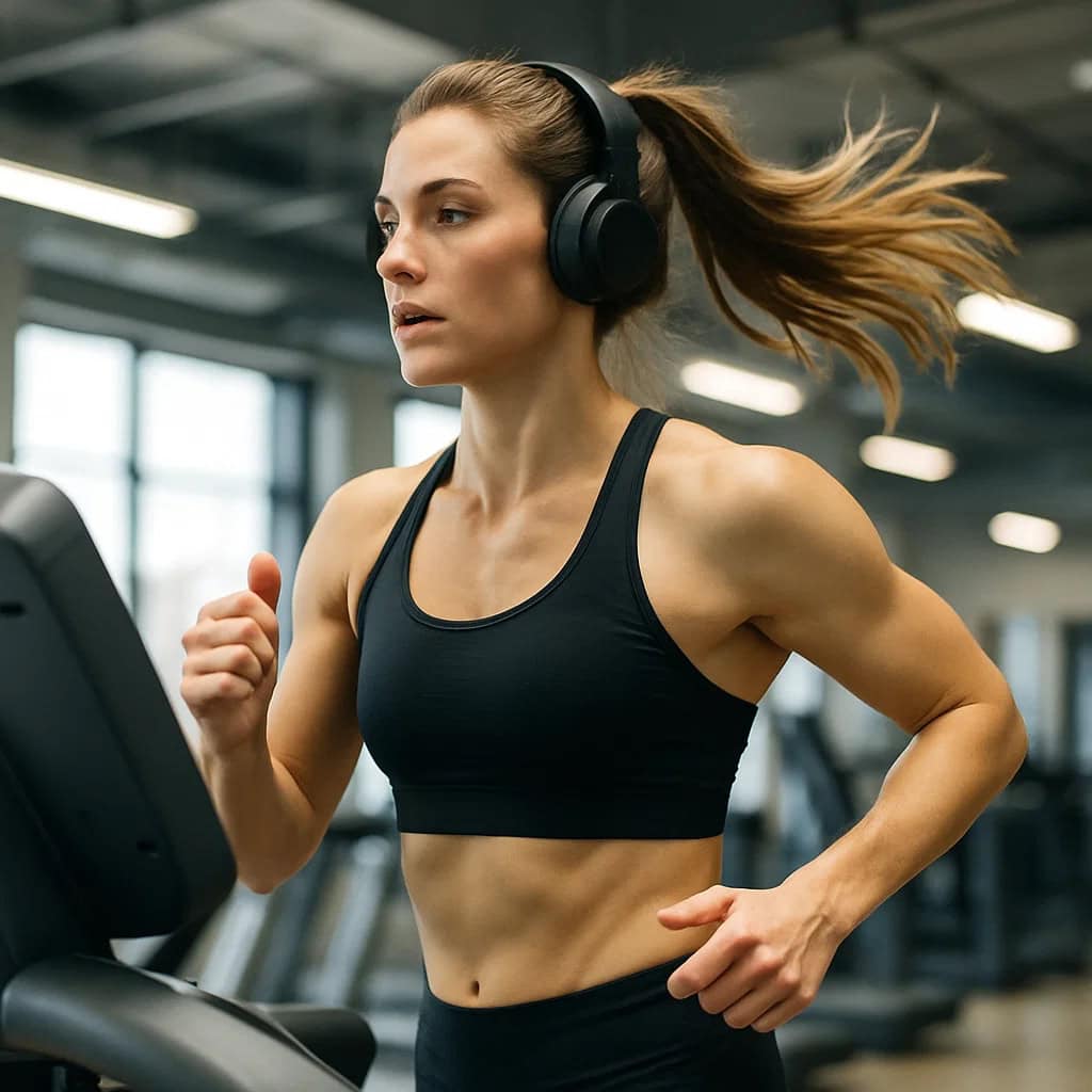 najlepsze słuchawki nauszne na siłownię na głowie kobiety, która biega na bieżni, związane w kucyk włosy unoszą się w ruchu
