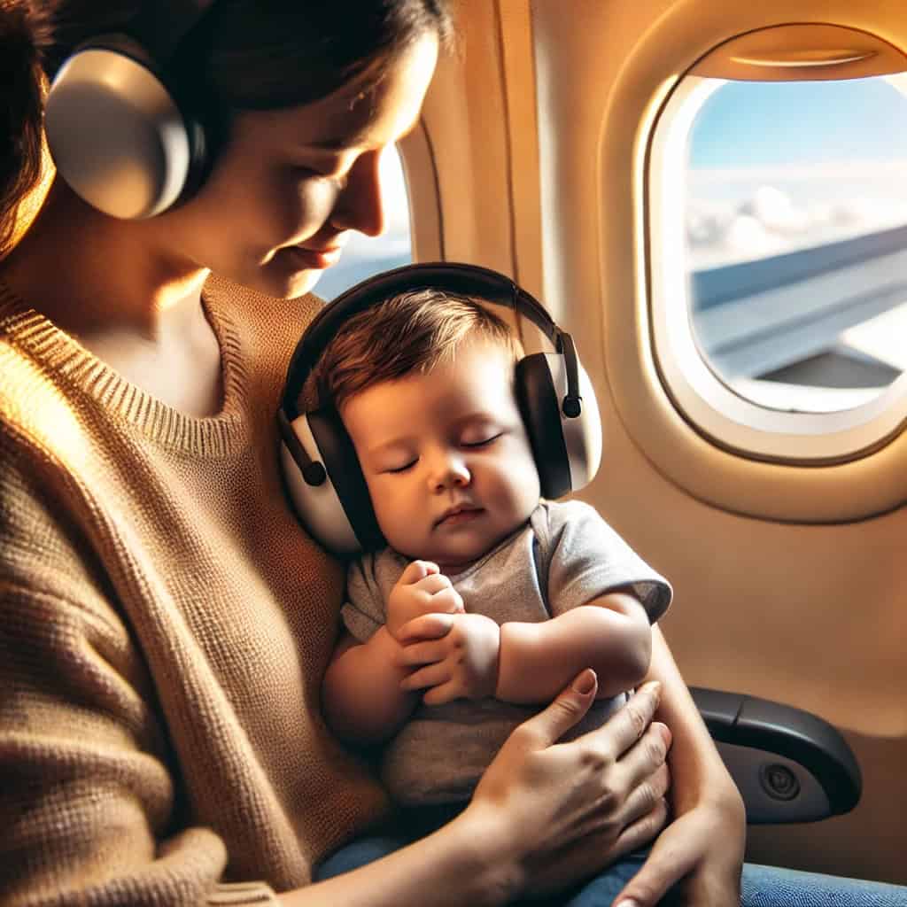 najlepsze słuchawki ochronne dla niemowląt na głowie malucha, który siedzi na kolanach mamy w samolocie