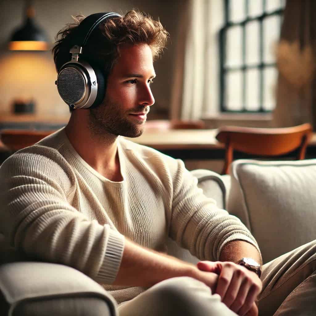 najlepsze słuchawki audiofilskie na uszach mężczyzny, który siedzi na sofie i słucha muzyki
