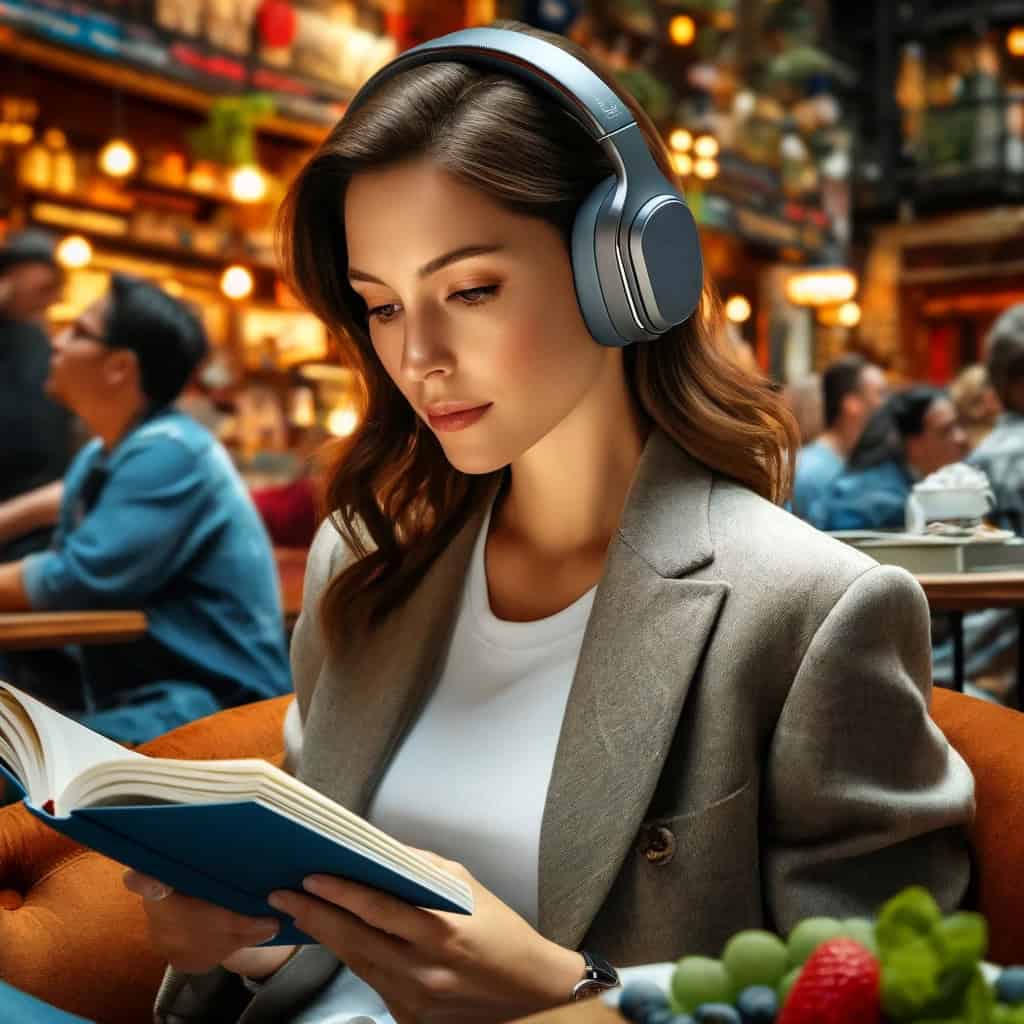 najlepsze słuchawki anc do 1000 zł na uszach kobiety czytającej książkę w kawiarni