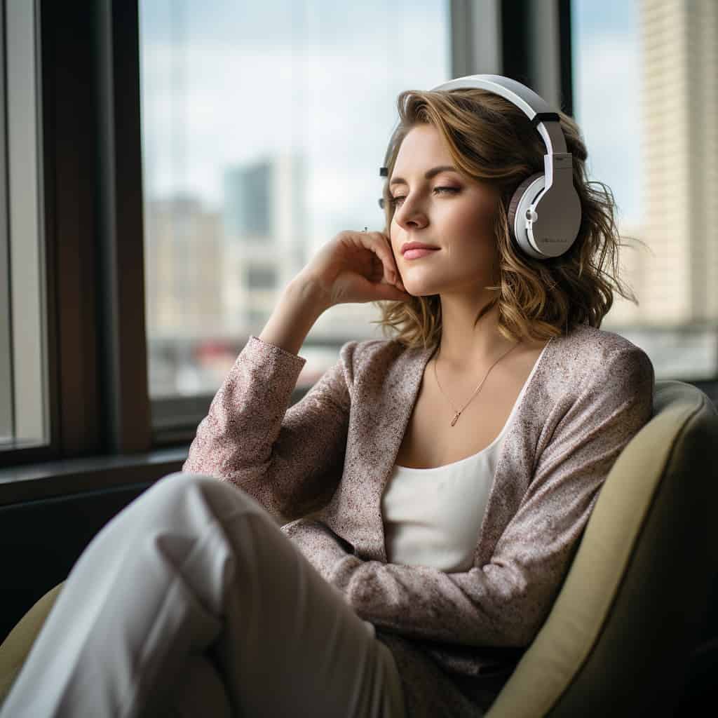 najlepsze słuchawki bt - kobieta relaksująca się w fotelu w przykładowym modelu