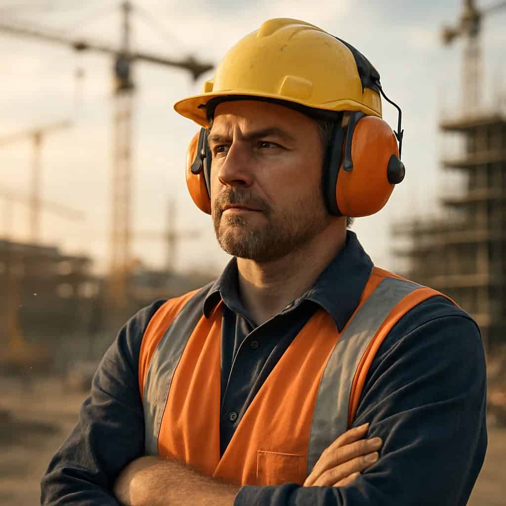 najlepsze słuchawki budowlane na głowie mężczyzny na placu konstrukcji