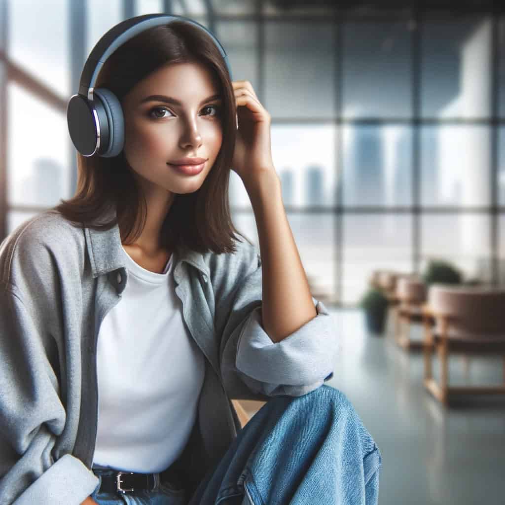 najlepsze słuchawki bezprzewodowe do 1000 zł - przykładowy model nauszny na głowie uśmiechniętej kobiety