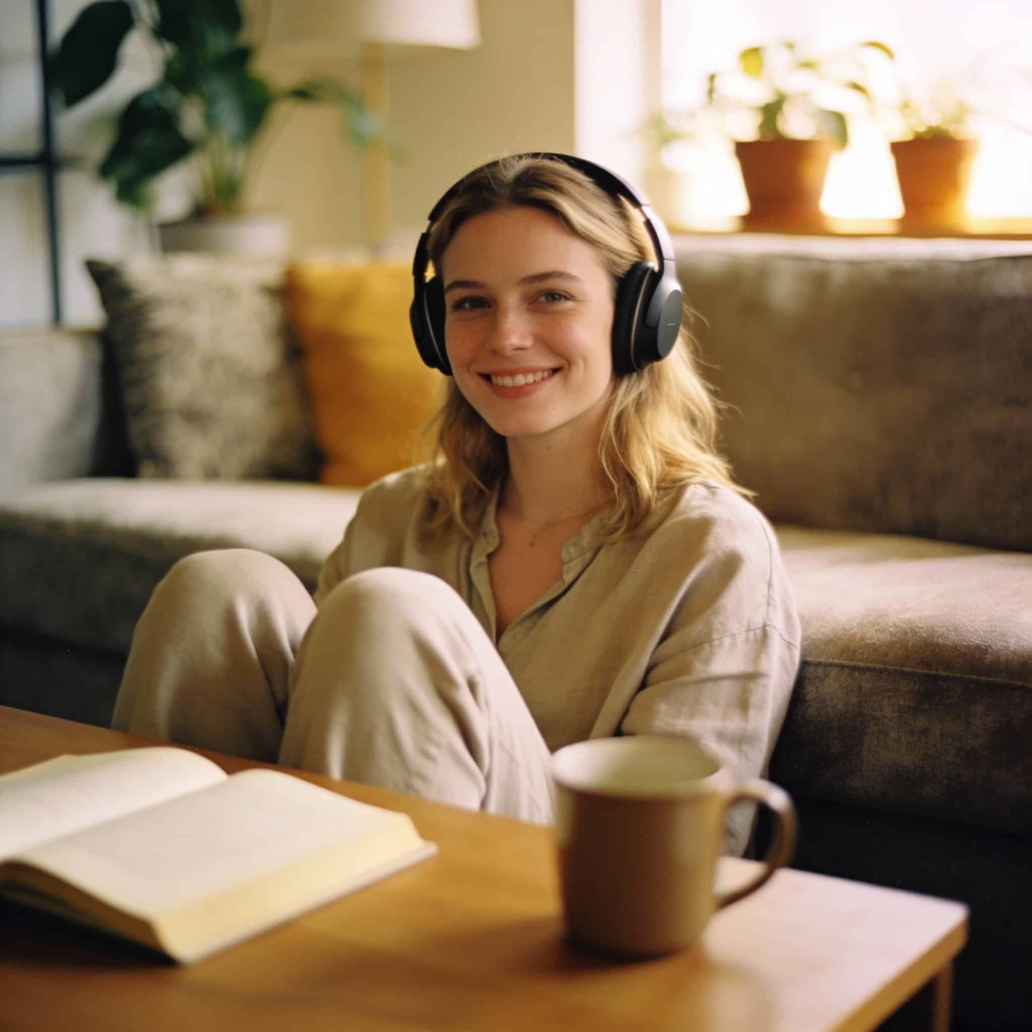 najlepsze słuchawki bezprzewodowe do 400 zł ranking na głowie kobiety siedzącej na podłodze w salonie