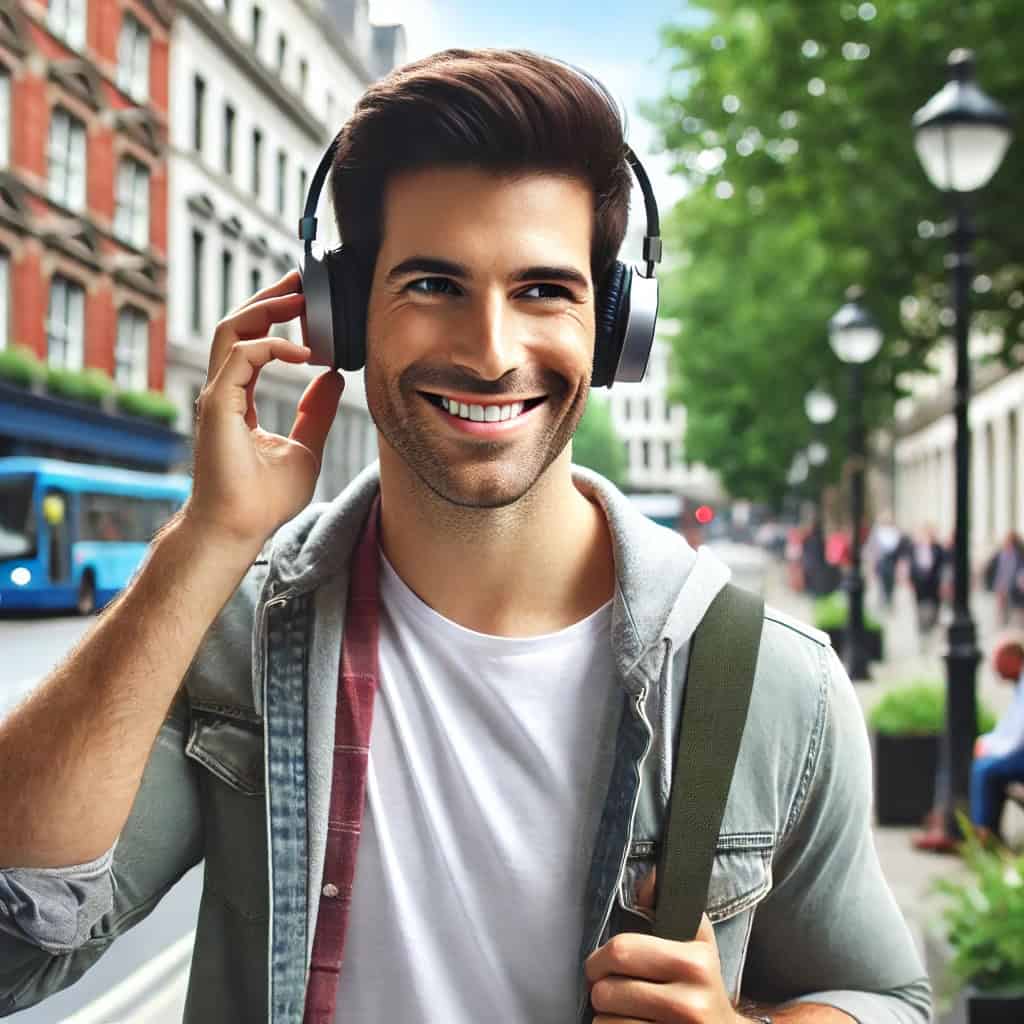 najlepsze słuchawki bezprzewodowe do muzyki na uszach mężczyzny spacerującego chodnikiem