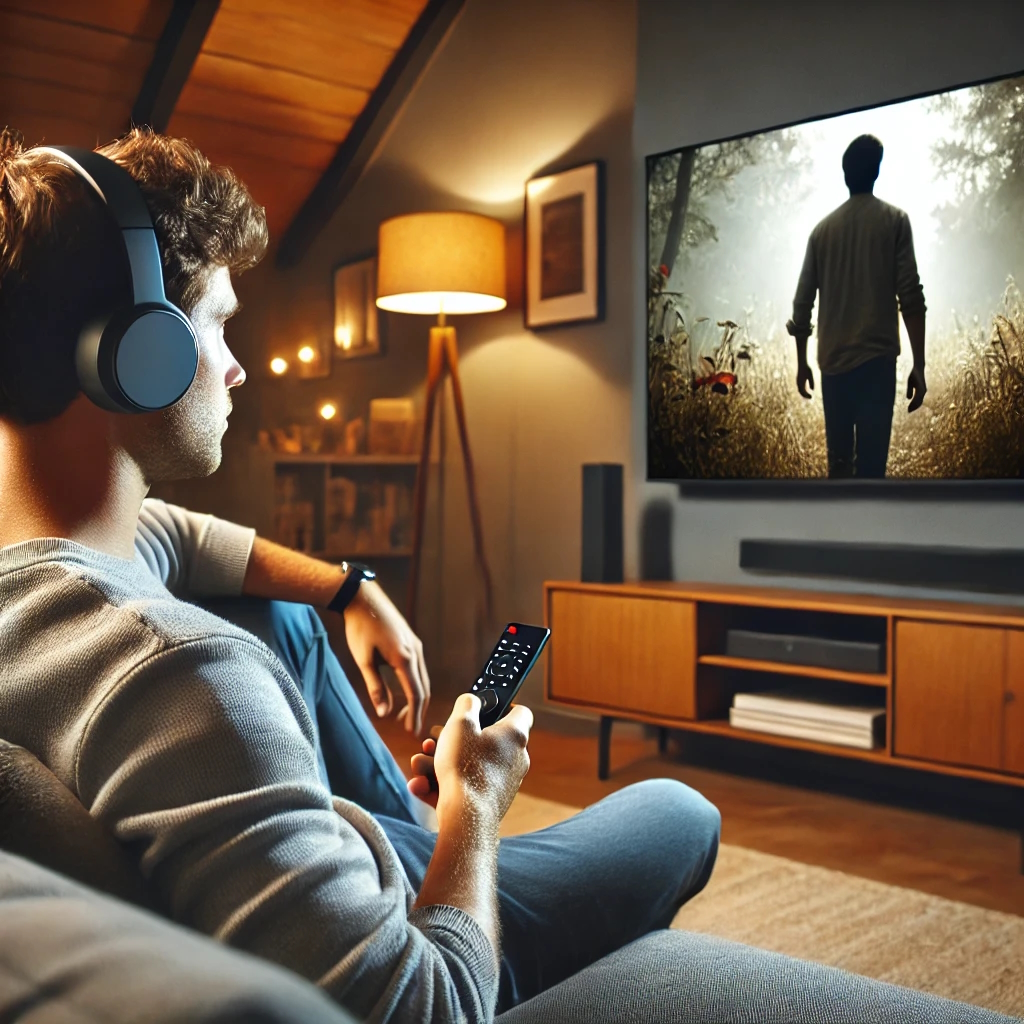 najlepsze słuchawki bezprzewodowe do telewizora na uszach mężczyzny siedzącego na sofie z pilotem i oglądającego film