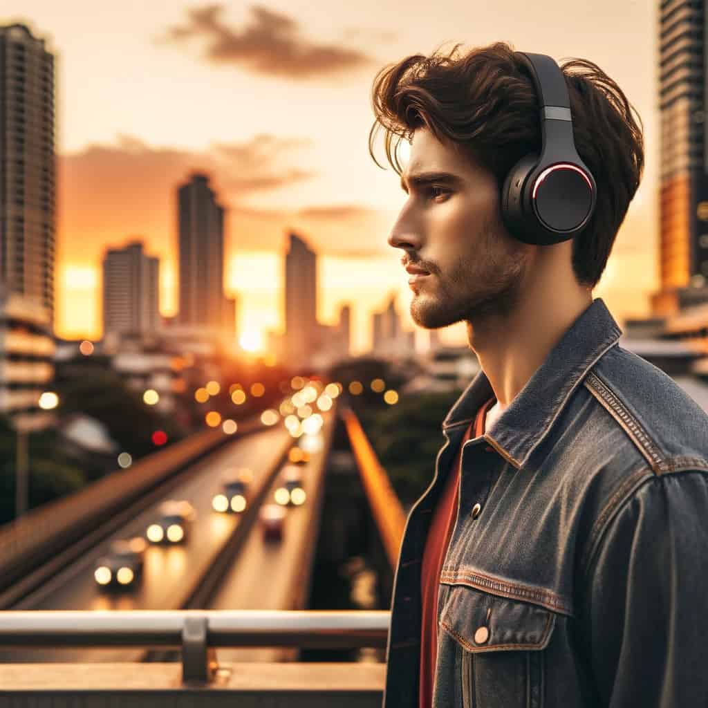 najlepsze słuchawki bluetooth ranking - mężczyzna w jednym z modeli na tle miasta