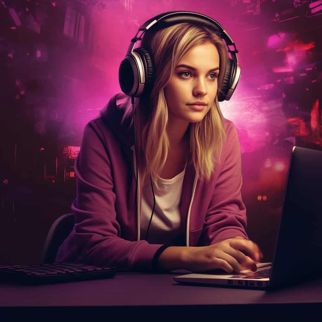 najlepsze słuchawki dla graczy - przykładowy model na głowie kobiety grającej na mac