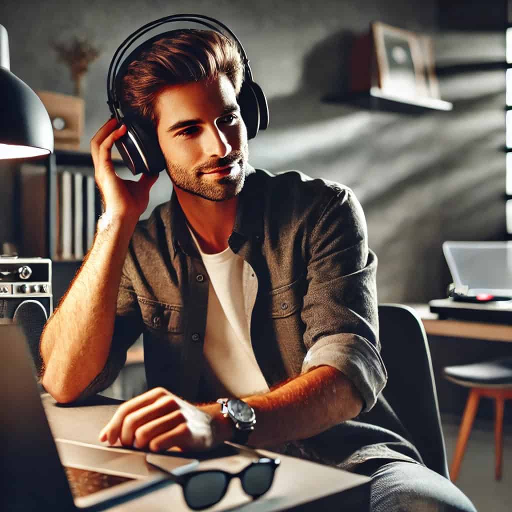 najlepsze słuchawki do muzyki do 200 zł na głowie mężczyzny słuchającego plików audio na komputerze