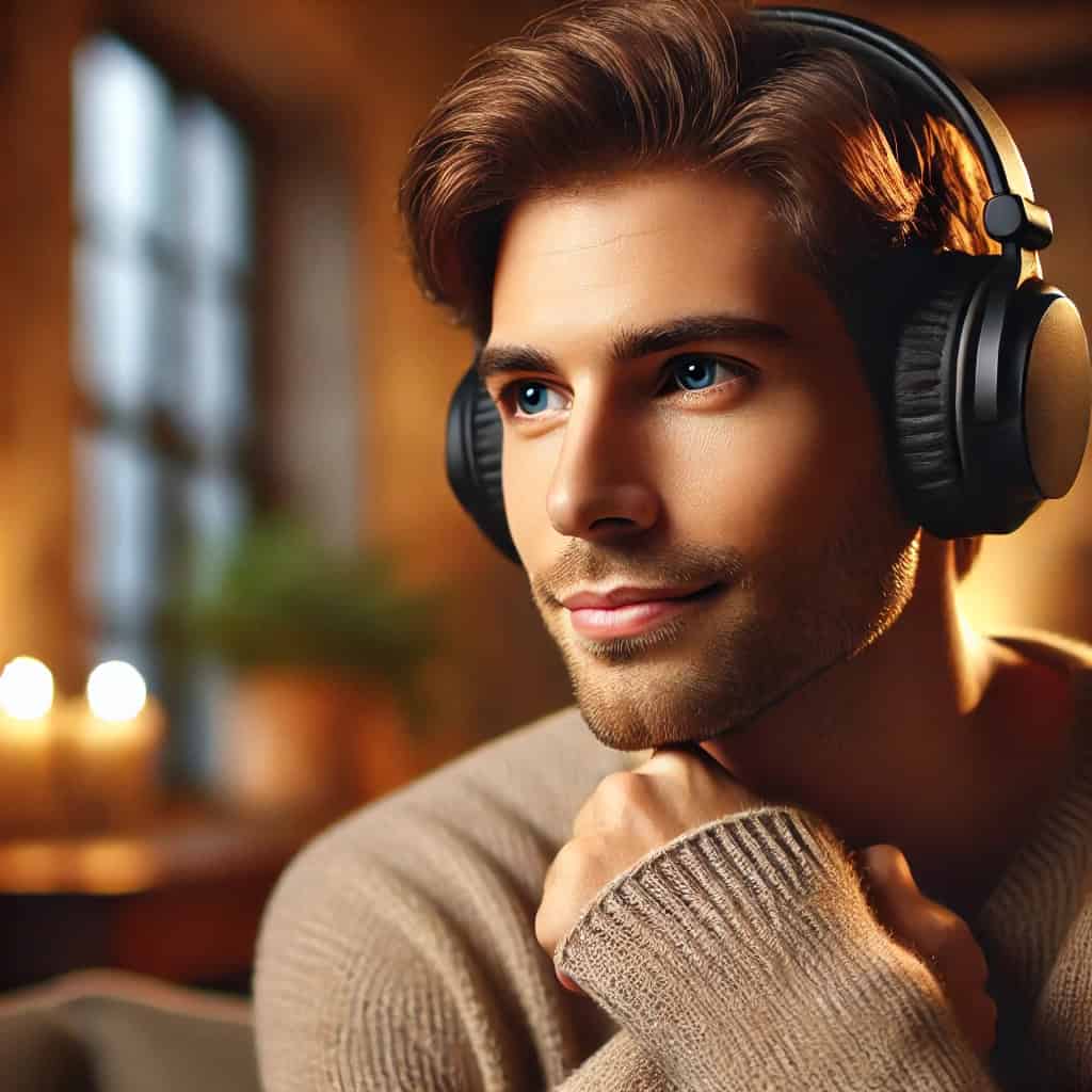 najlepsze słuchawki do muzyki do 300 zł na uszach młodego mężczyzny w domu
