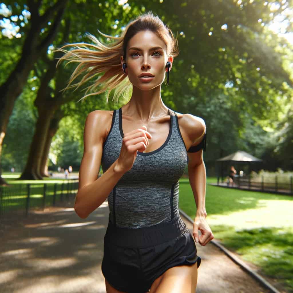 najlepsze słuchawki do biegania ranking - kobieta biegnąca przez park w modelu dokanałowym