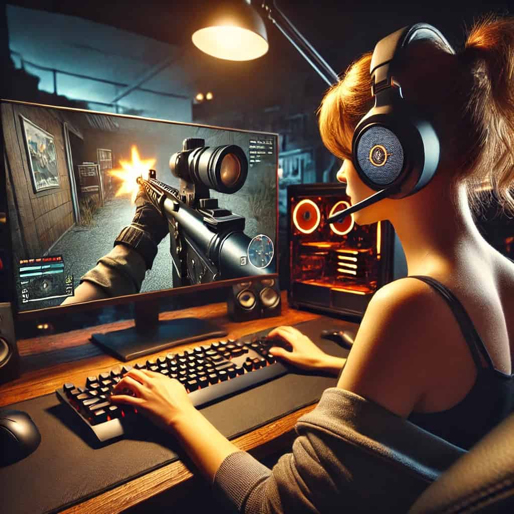 słuchawki otl call of duty na głowie kobiety grającej na komputerze
