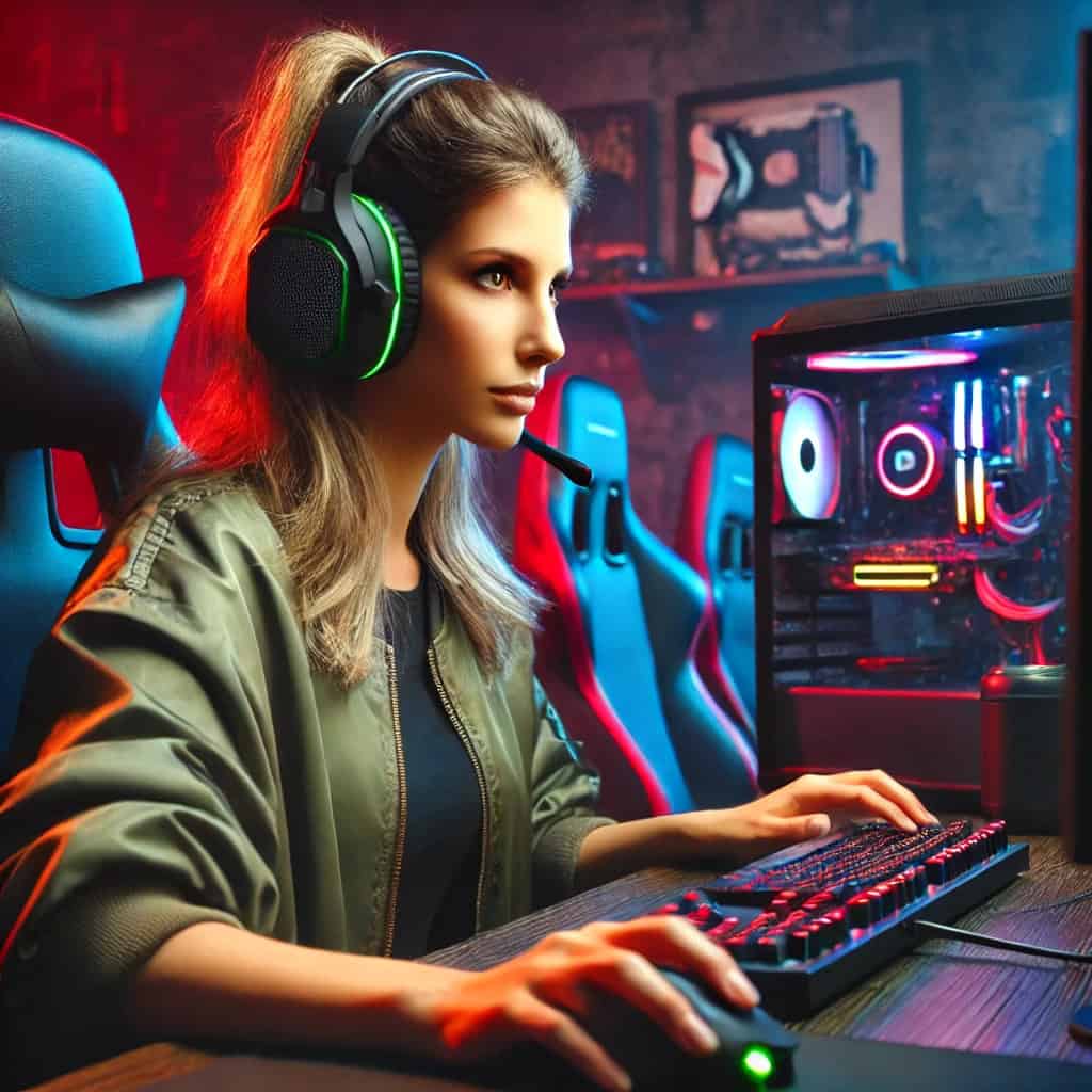 najlepsze słuchawki do cs go na głowie kobiety grającej na komputerze