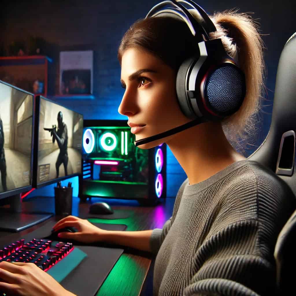 najlepsze słuchawki do cs na głowie kobiety siedzącej przed komputerem i grającej w grę
