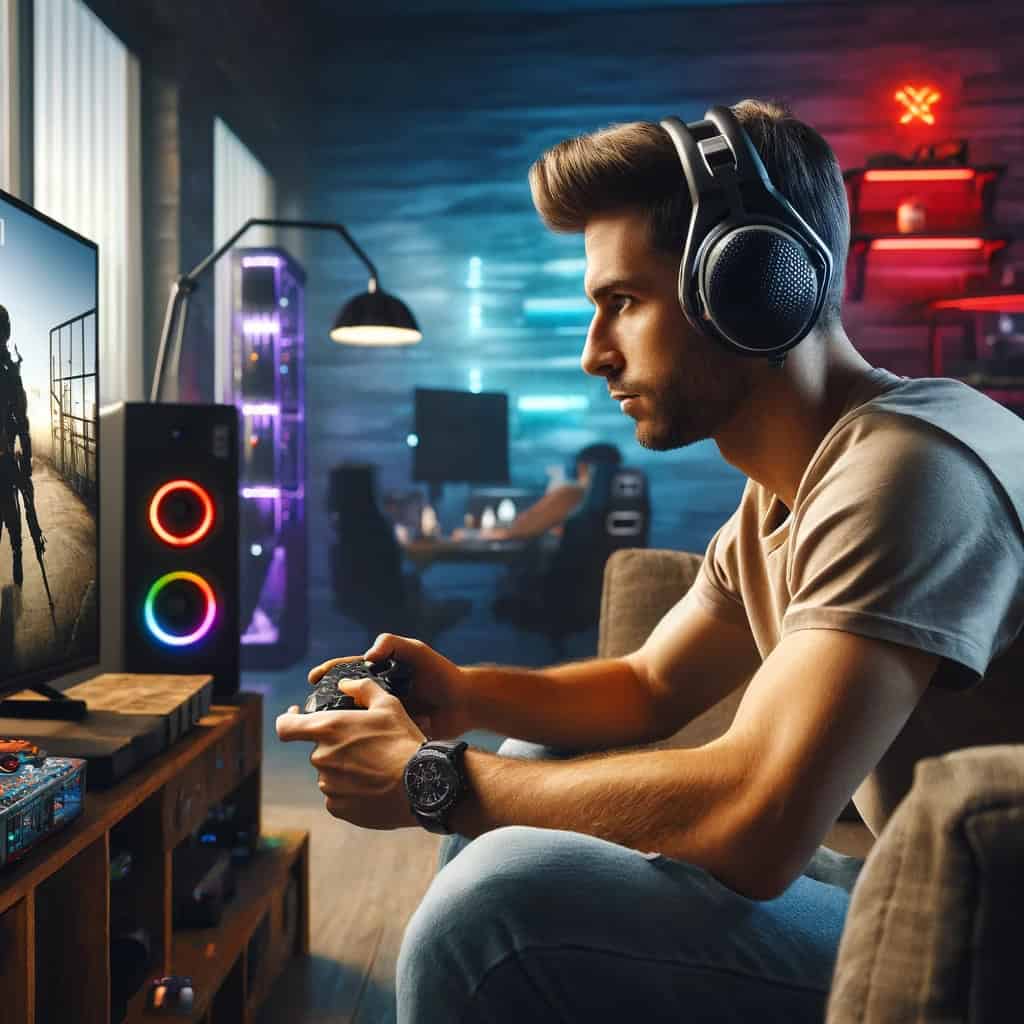 najlepsze sluchawki do csa na głowie mężczyzny grającego w grę na PlayStation
