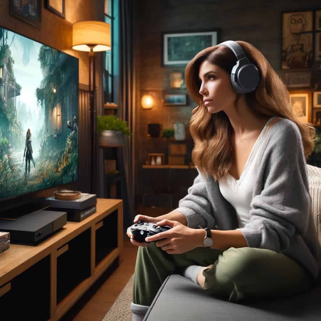 najlepsze słuchawki do gier - przykładowy model na głowie kobiety grającej na xobox