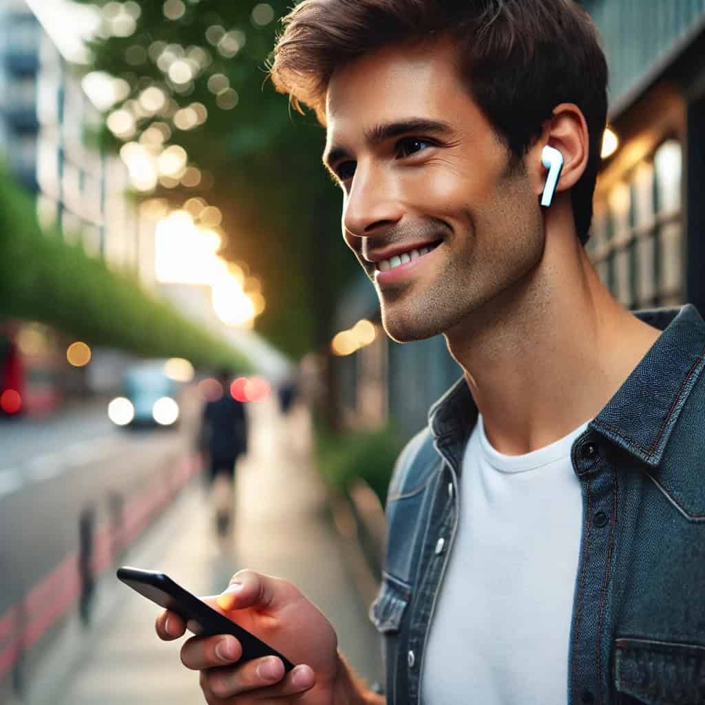 najlepsze słuchawki do iphone na uszach mężczyzny stojącego na chodniku z telefonem w ręku