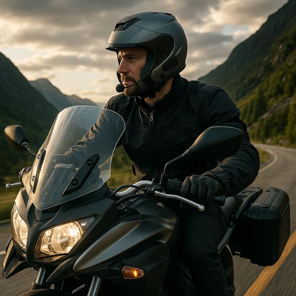 najlepsze słuchawki do kasku motocyklowego na głowie mężczyzny jadącego autostradą o zachodzie słońca w kasku z interkomem