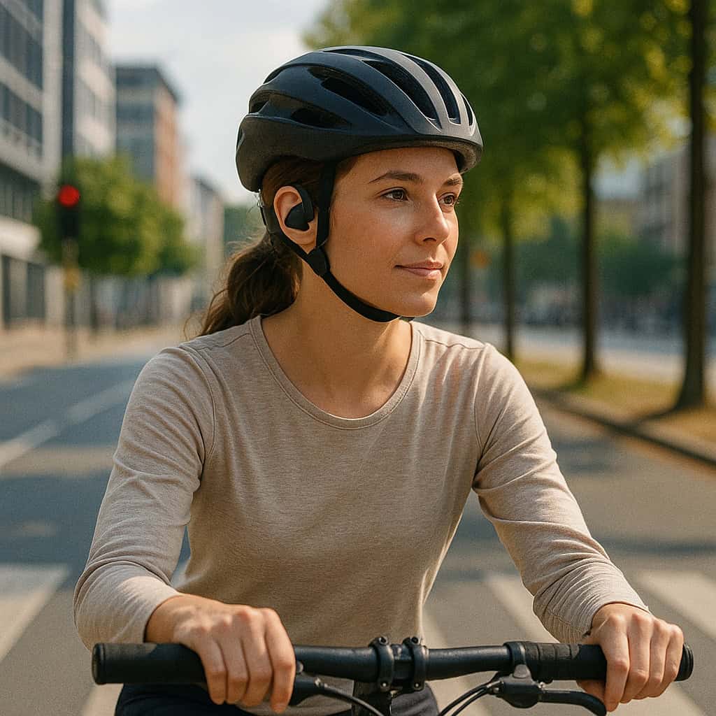 najlepsze słuchawki do kasku rowerowego na uszach kobiet jadącej przez miasto