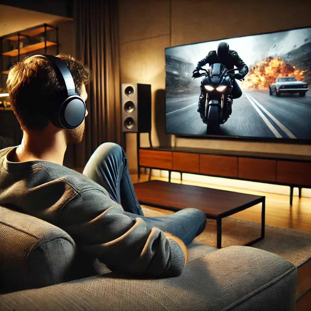 najlepsze słuchawki do kina domowego - mężczyzna ogląda film akcji w TV